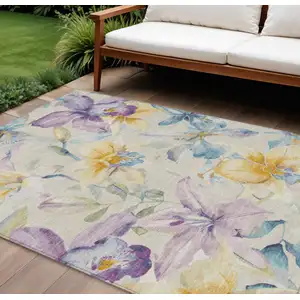 Photo of Beige Gold And Lavender Floral Washable Indoor Outdoor Area Rug