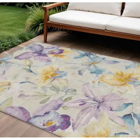 Beige Gold And Lavender Floral Washable Indoor Outdoor Area Rug Photo 1