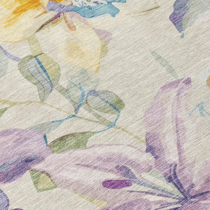 Beige Gold And Lavender Floral Washable Indoor Outdoor Area Rug Photo 5