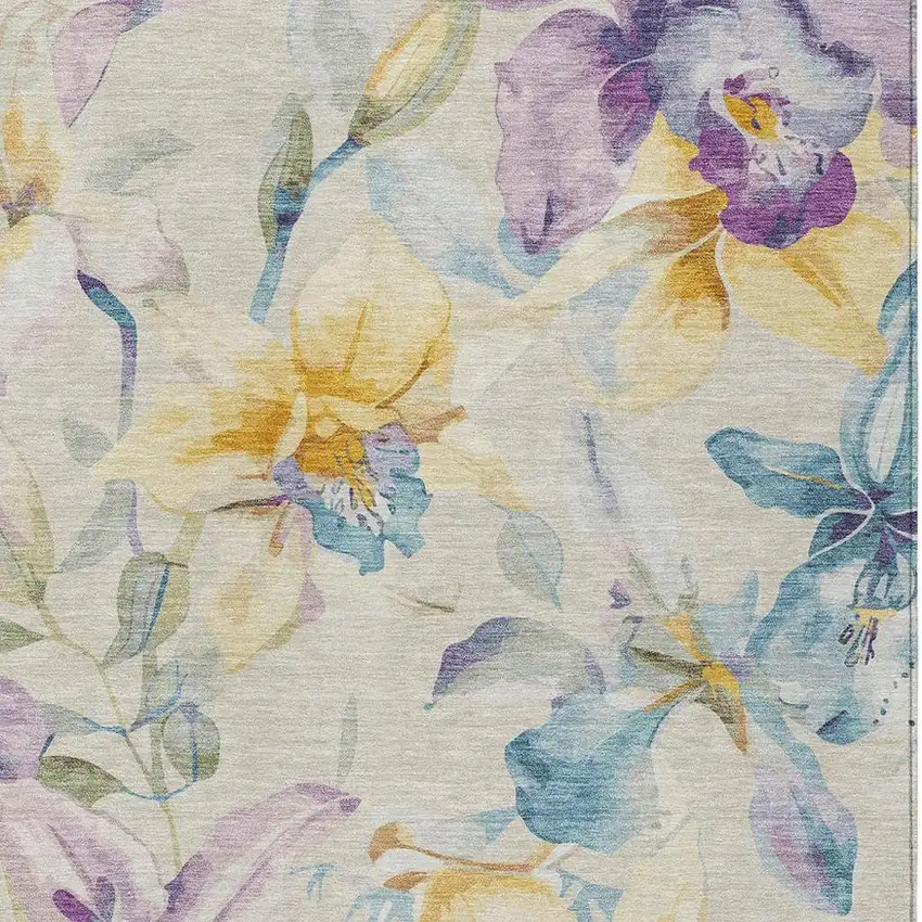 Beige Gold And Lavender Floral Washable Indoor Outdoor Area Rug Photo 4