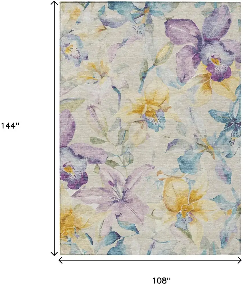 Beige Gold And Lavender Floral Washable Indoor Outdoor Area Rug Photo 2