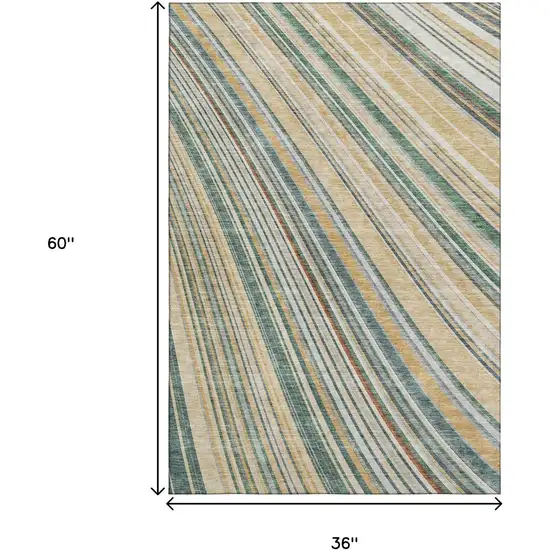 Beige Gold And Sage Striped Washable Area Rug With UV Protection Photo 9