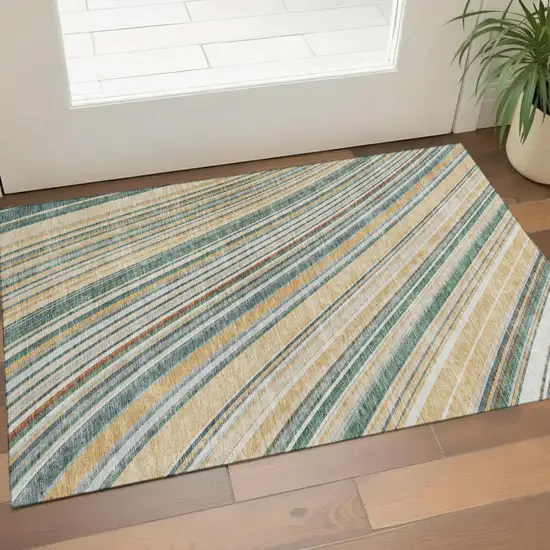 Beige Gold And Sage Striped Washable Area Rug With UV Protection Photo 1