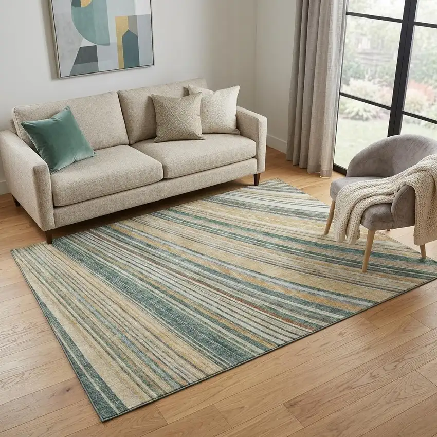 Beige Gold And Sage Striped Washable Area Rug With UV Protection Photo 1