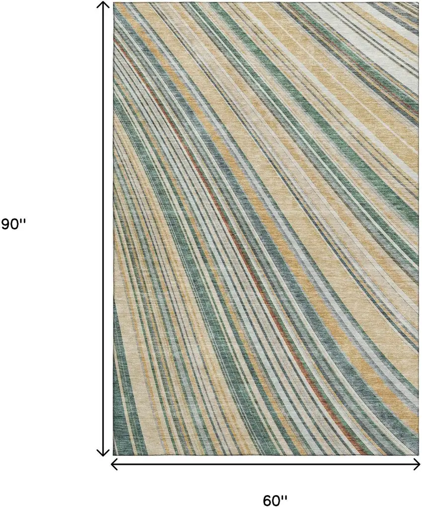 Beige Gold And Sage Striped Washable Area Rug With UV Protection Photo 8