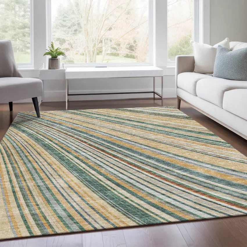 Beige Gold And Sage Striped Washable Area Rug With UV Protection Photo 5