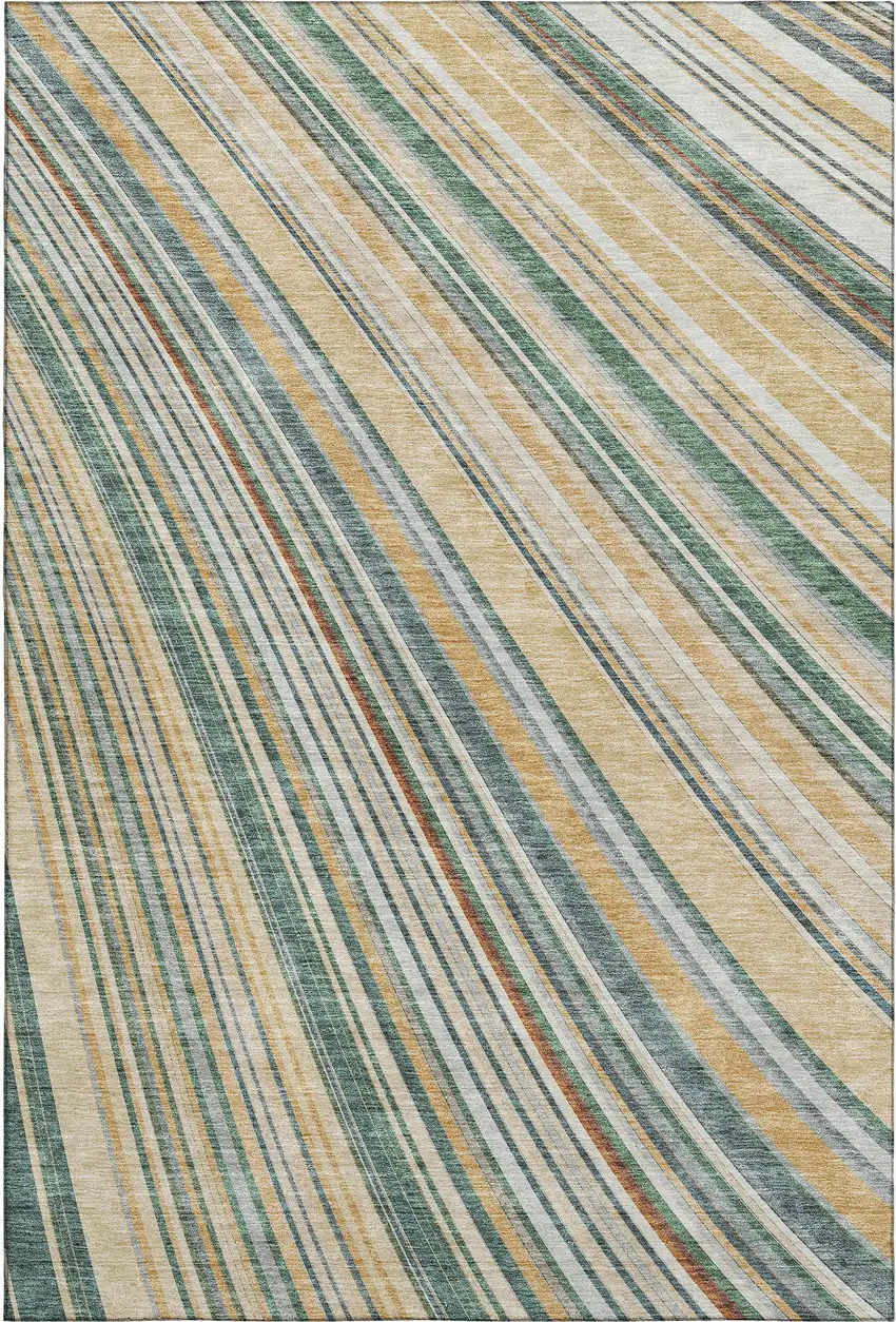 Beige Gold And Sage Striped Washable Area Rug With UV Protection Photo 1