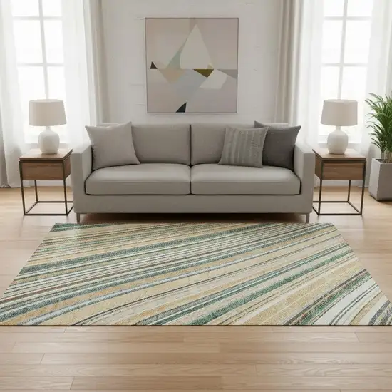Beige Gold And Sage Striped Washable Area Rug With UV Protection Photo 2