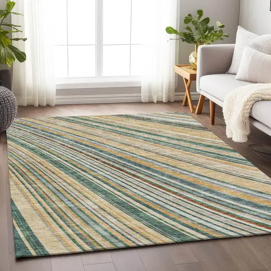 Beige Gold And Sage Striped Washable Area Rug With UV Protection Photo 4