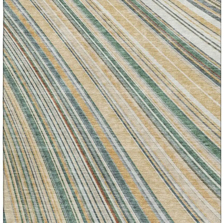 Beige Gold And Sage Striped Washable Area Rug With UV Protection Photo 2