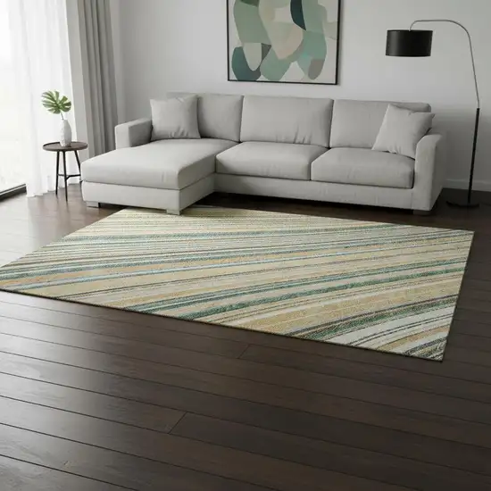Beige Gold And Sage Striped Washable Area Rug With UV Protection Photo 2