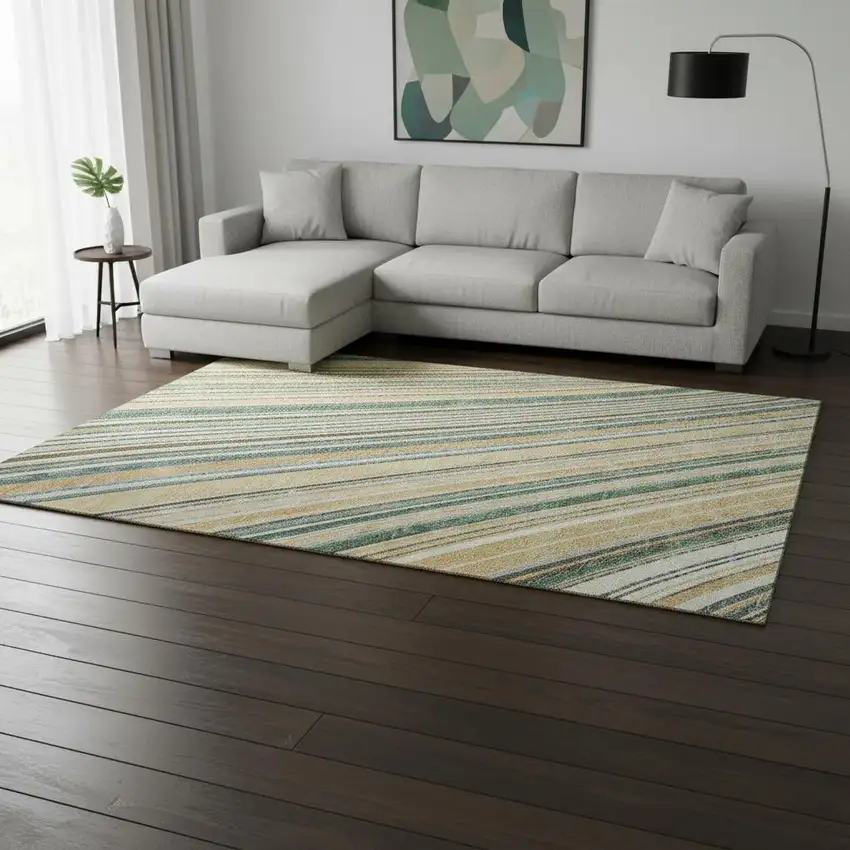 Beige Gold And Sage Striped Washable Area Rug With UV Protection Photo 2