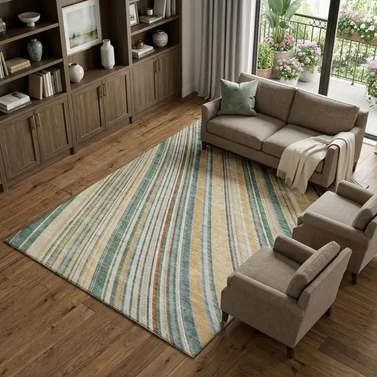 Beige Gold And Sage Striped Washable Area Rug With UV Protection Photo 1