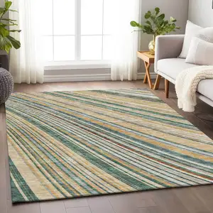 Photo of Beige Gold And Sage Striped Washable Area Rug With UV Protection
