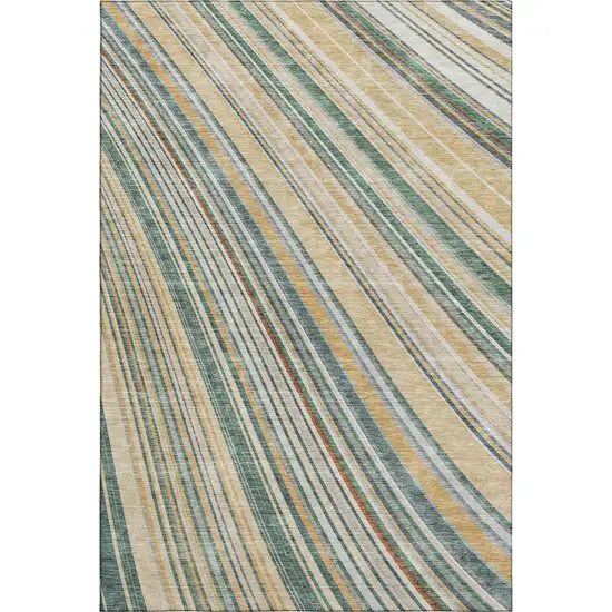 Beige Gold And Sage Striped Washable Area Rug With UV Protection Photo 1