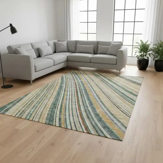 Beige Gold And Sage Striped Washable Area Rug With UV Protection Photo 2