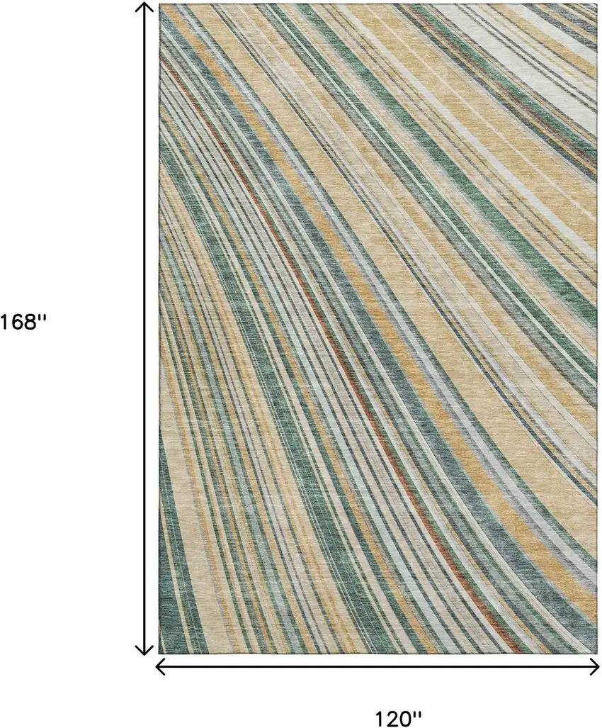 Beige Gold And Sage Striped Washable Area Rug With UV Protection Photo 8