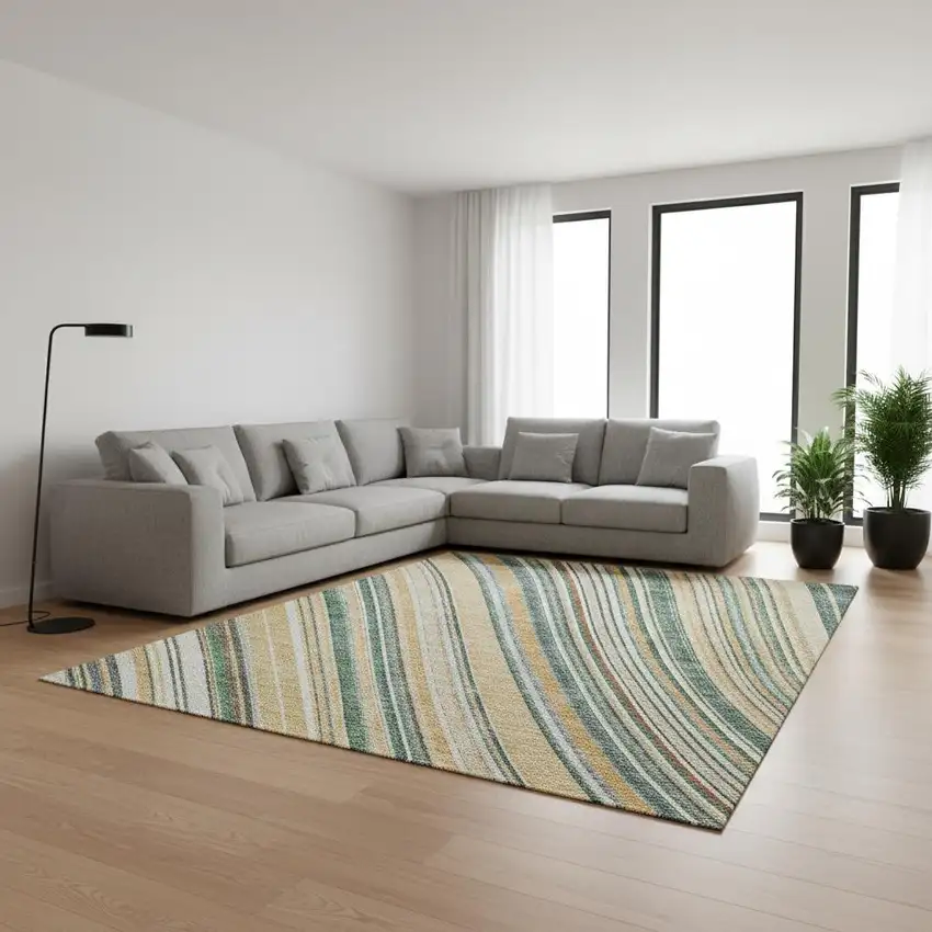 Beige Gold And Sage Striped Washable Area Rug With UV Protection Photo 2