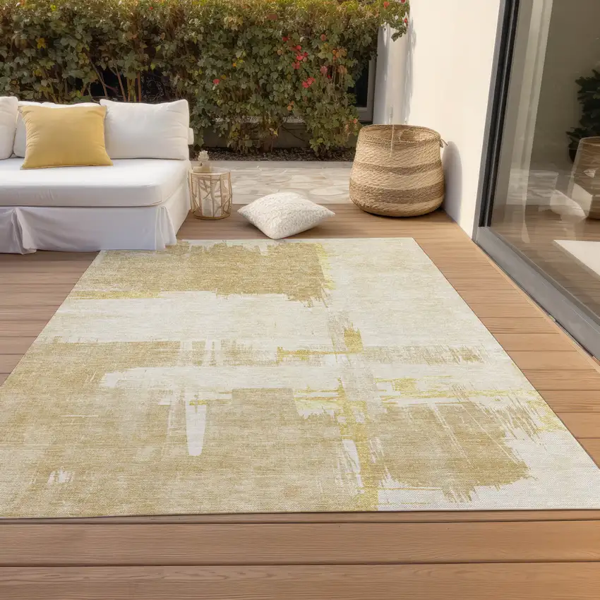 Beige Gold And Tan Abstract Washable Indoor Outdoor Area Rug Photo 9