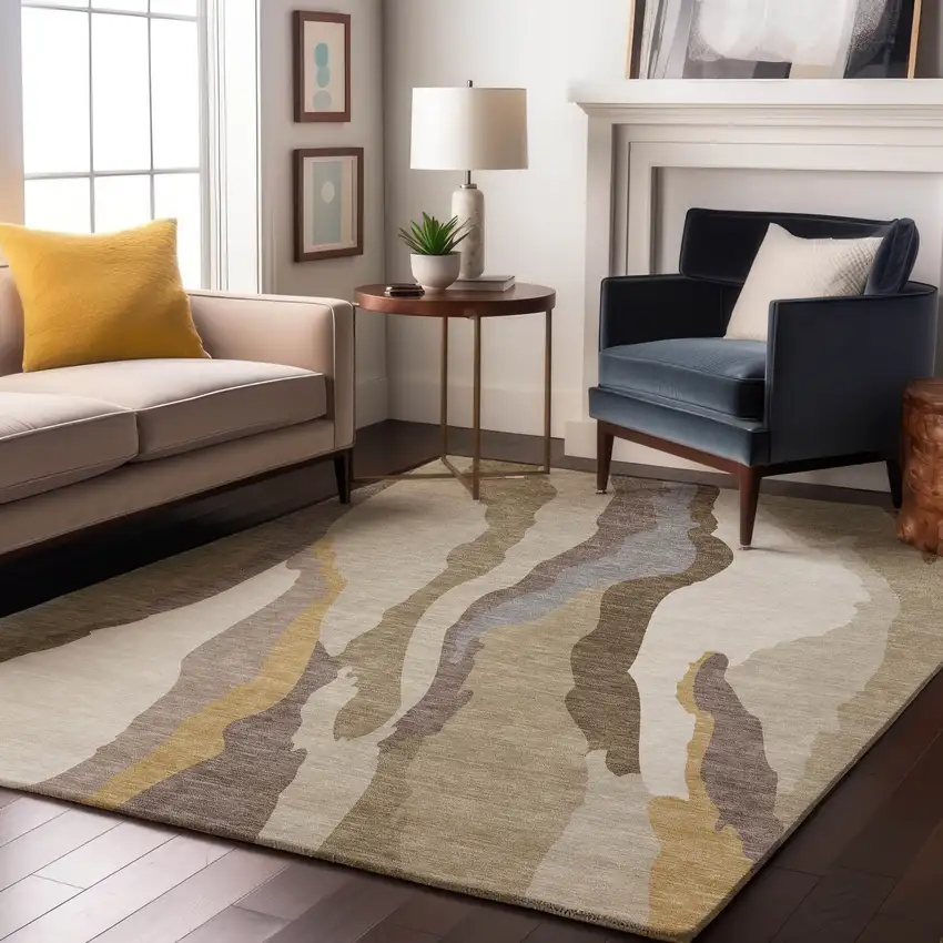 Beige Gold And Taupe Abstract Washable Area Rug With UV Protection Photo 3
