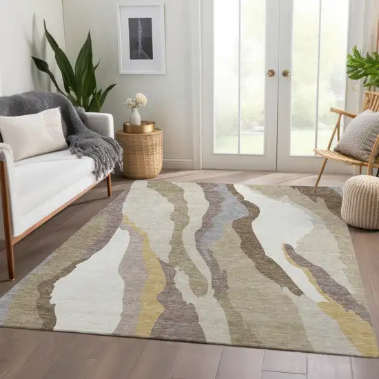 Beige Gold And Taupe Abstract Washable Area Rug With UV Protection Photo 3
