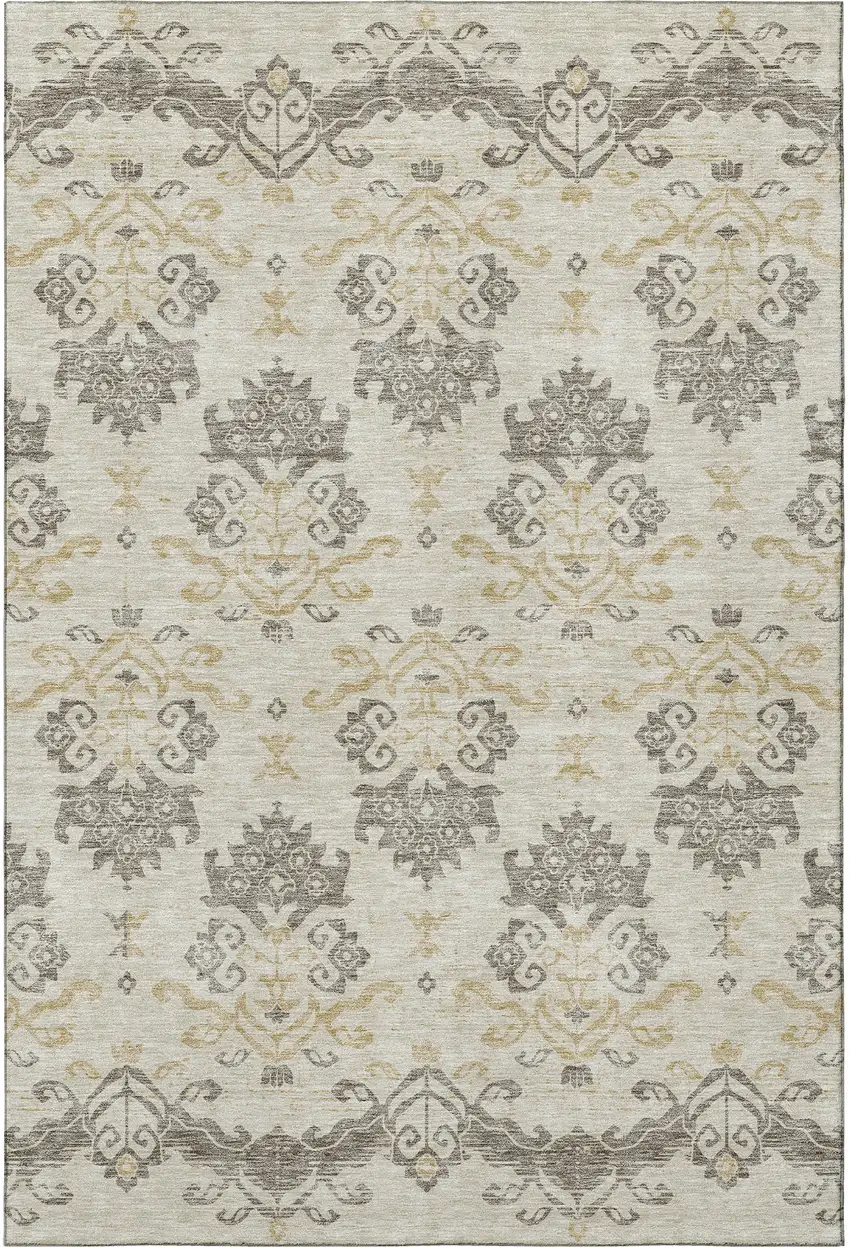 Beige Gold And Taupe Medallion Washable Area Rug With UV Protection Photo 4