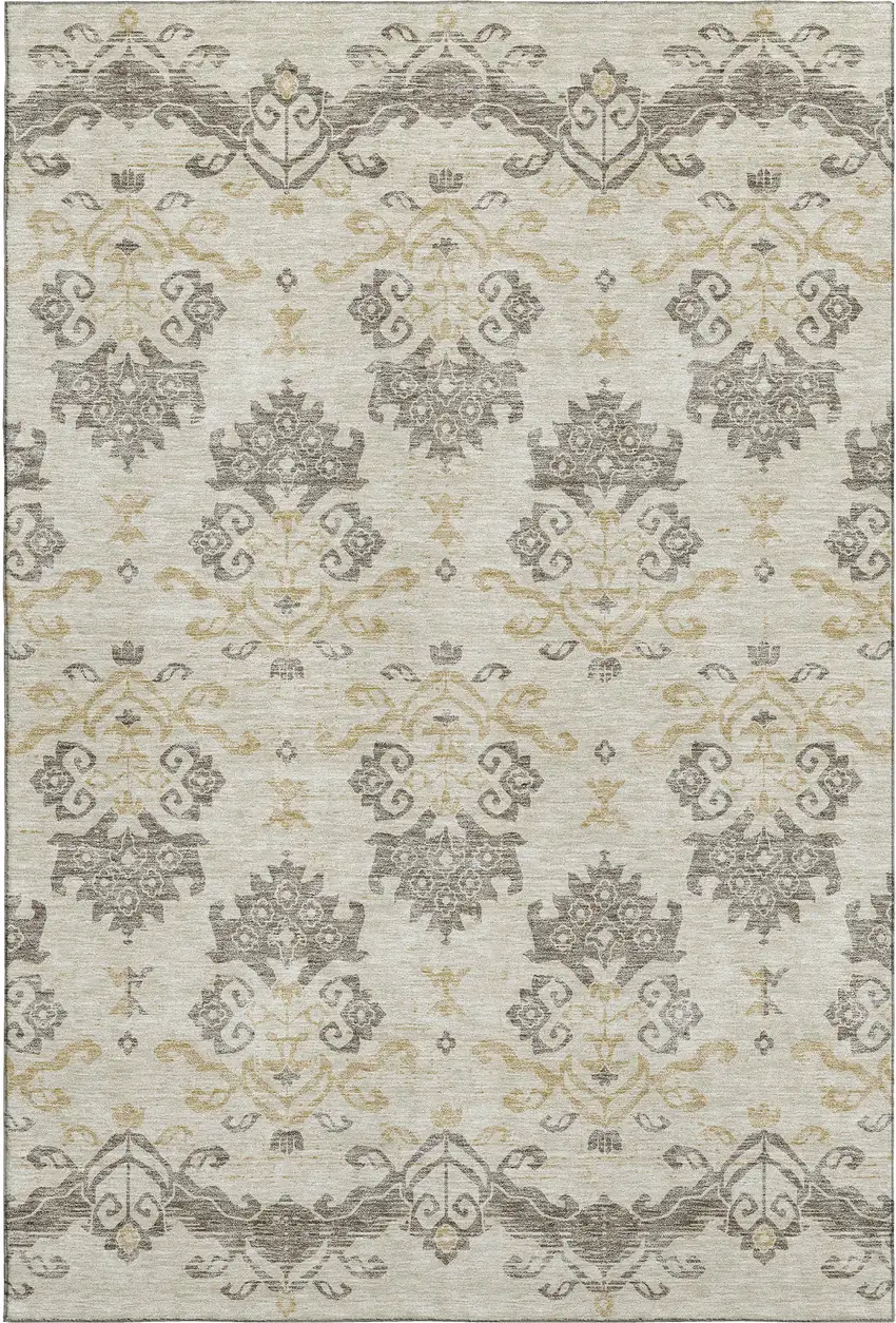 Beige Gold And Taupe Medallion Washable Area Rug With UV Protection Photo 1