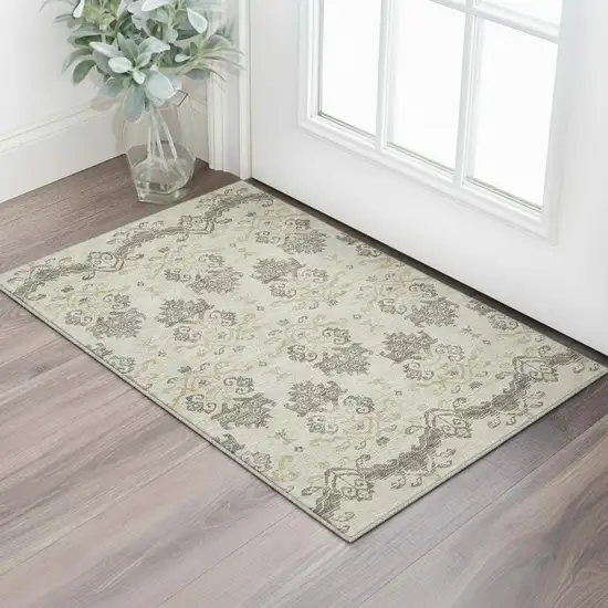 Beige Gold And Taupe Medallion Washable Area Rug With UV Protection Photo 2