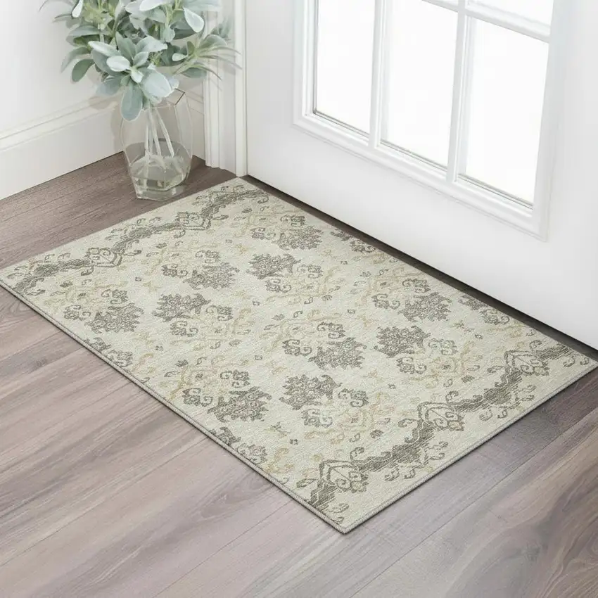 Beige Gold And Taupe Medallion Washable Area Rug With UV Protection Photo 2
