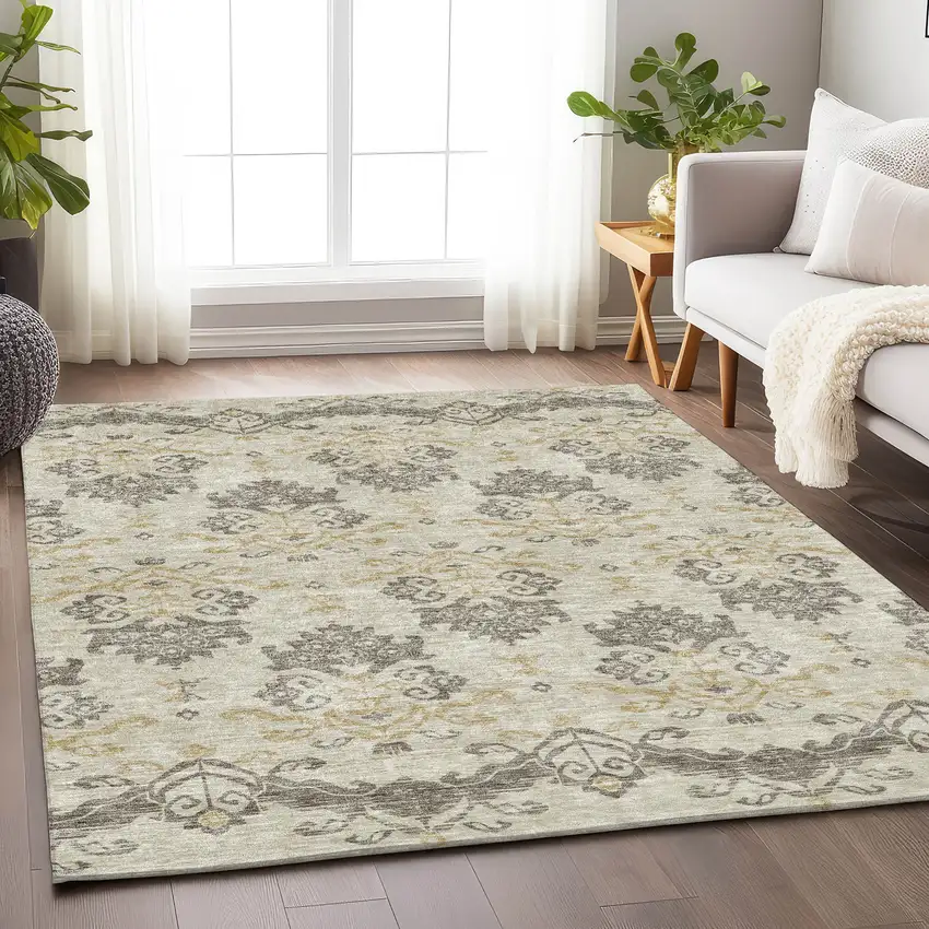 Beige Gold And Taupe Medallion Washable Area Rug With UV Protection Photo 4