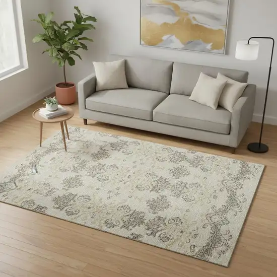 Beige Gold And Taupe Medallion Washable Area Rug With UV Protection Photo 2