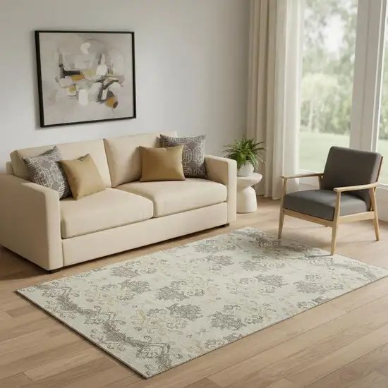 Beige Gold And Taupe Medallion Washable Area Rug With UV Protection Photo 1