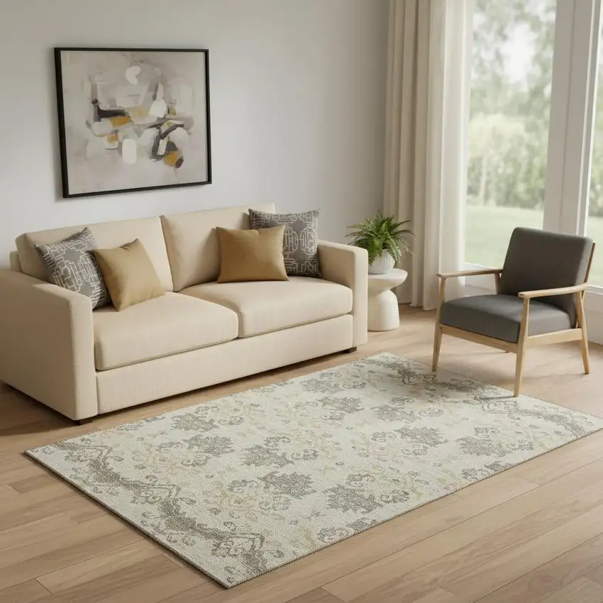 Beige Gold And Taupe Medallion Washable Area Rug With UV Protection Photo 1