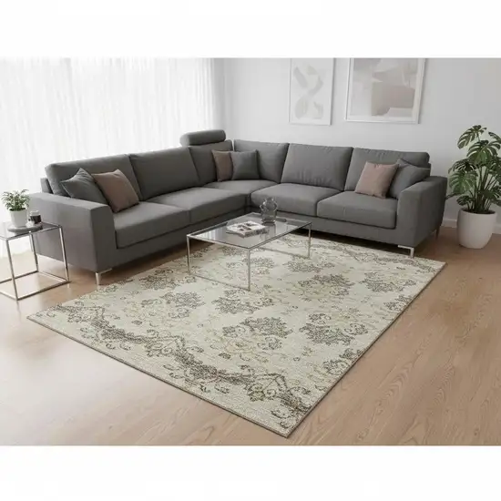 Beige Gold And Taupe Medallion Washable Area Rug With UV Protection Photo 2