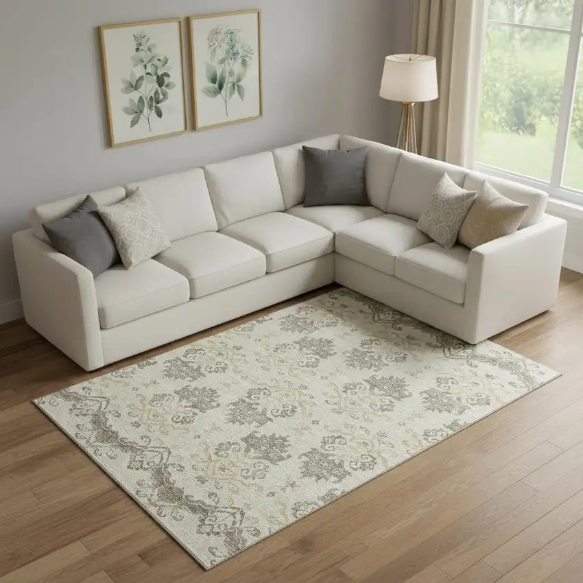 Beige Gold And Taupe Medallion Washable Area Rug With UV Protection Photo 1