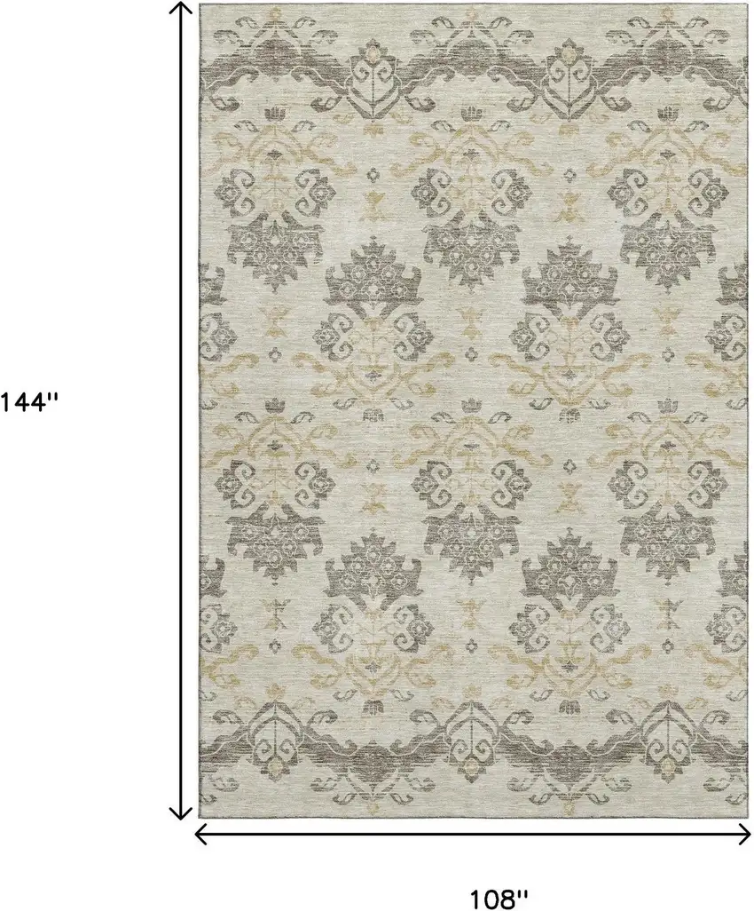 Beige Gold And Taupe Medallion Washable Area Rug With UV Protection Photo 3