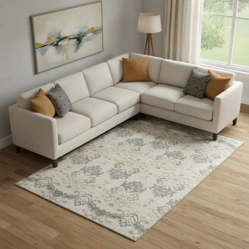 Beige Gold And Taupe Medallion Washable Area Rug With UV Protection Photo 1