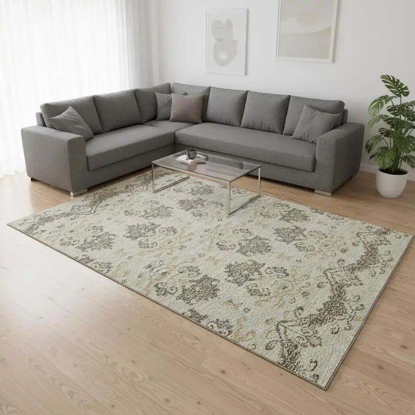 Beige Gold And Taupe Medallion Washable Area Rug With UV Protection Photo 2