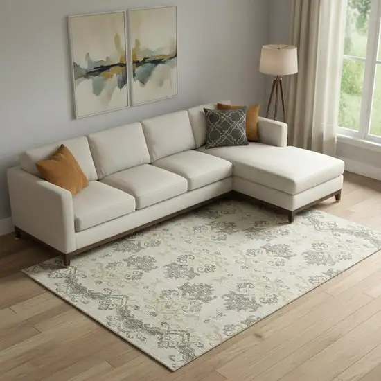 Beige Gold And Taupe Medallion Washable Area Rug With UV Protection Photo 1