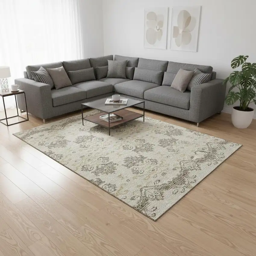 Beige Gold And Taupe Medallion Washable Area Rug With UV Protection Photo 2