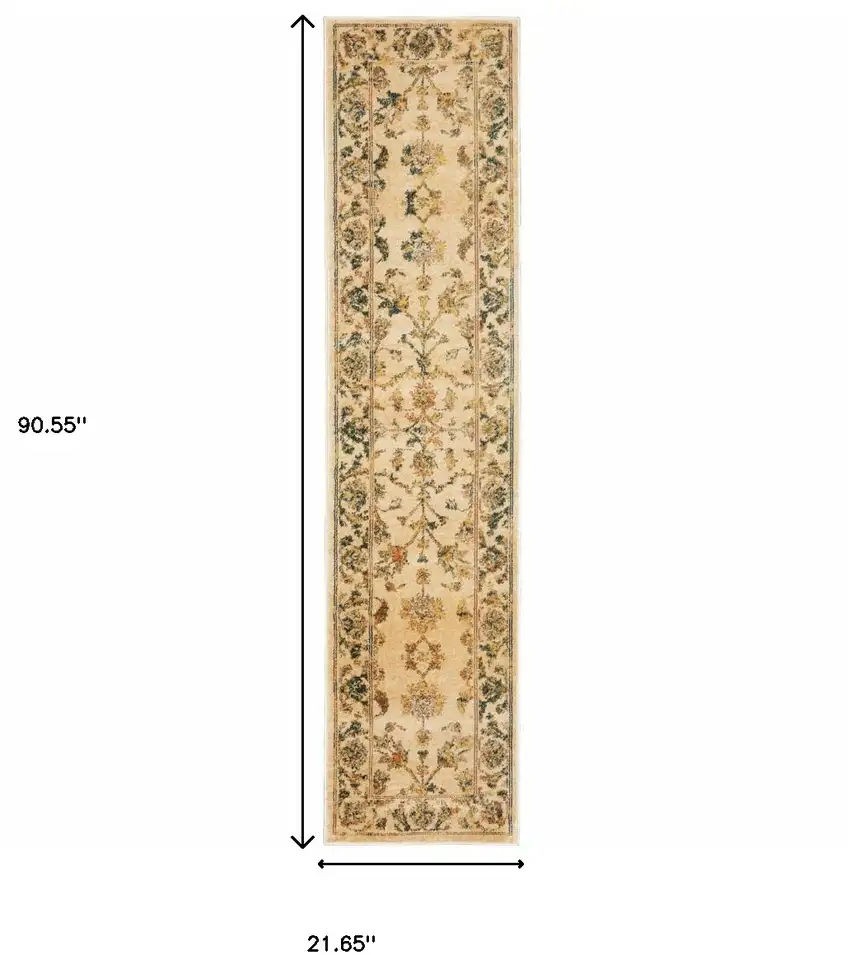 Beige Gold And Teal Oriental Power Loom Stain Resistant Runner Rug Photo 10