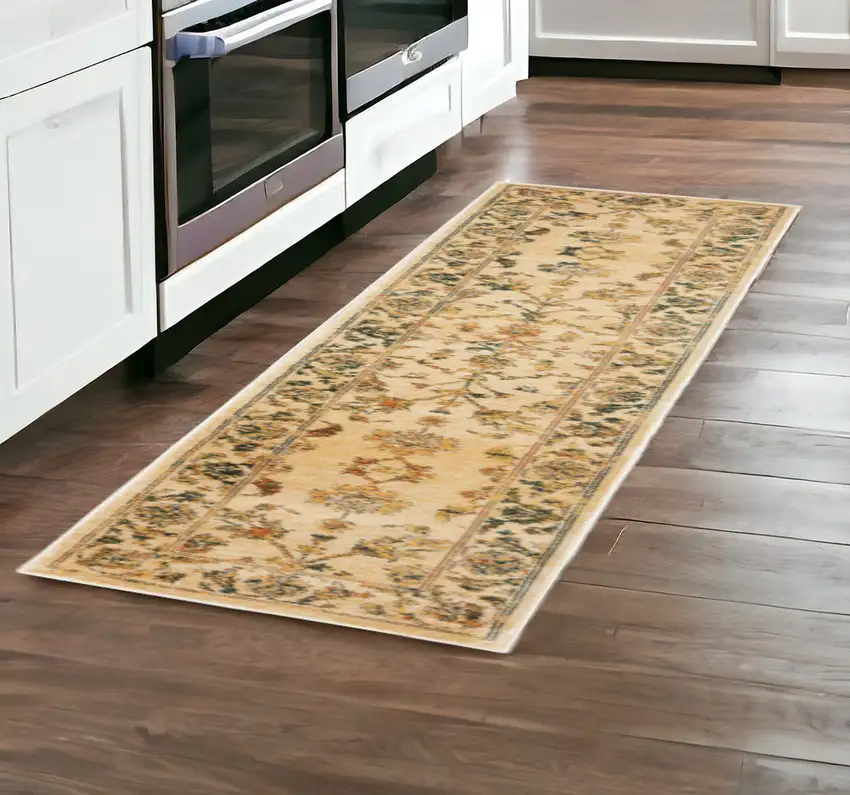 2' X 8' Beige Gold And Teal Oriental Power Loom Stain Resistant Runner Rug Photo 2