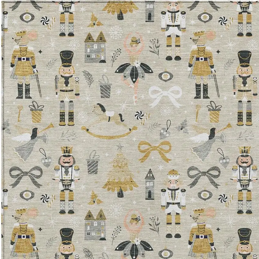 Beige Gold Black And Gray Village Houses Washable Indoor Outdoor Area Rug Photo 3