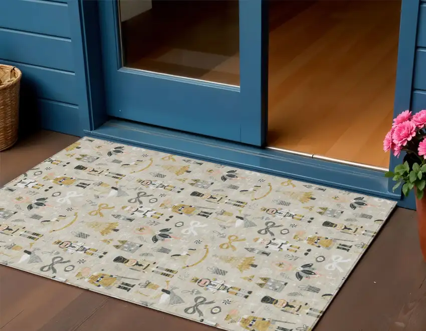 Beige Gold Black And Gray Nutcracker Washable Indoor Outdoor Area Rug Photo 1