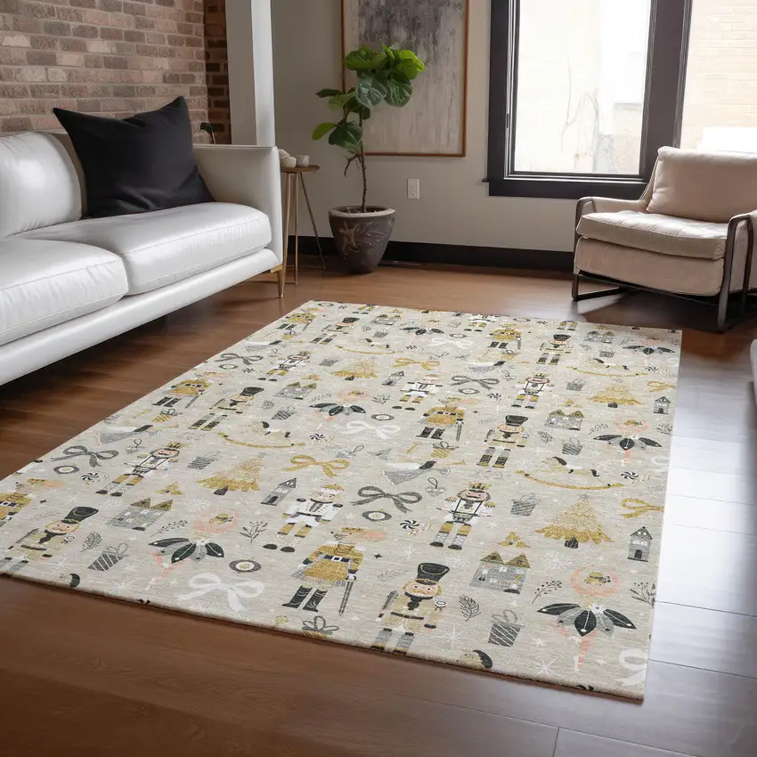 Beige Gold Black And Gray Nutcracker Washable Indoor Outdoor Area Rug Photo 7