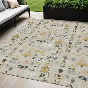 Photo of Beige Gold Black And Gray Village Houses Washable Indoor Outdoor Area Rug