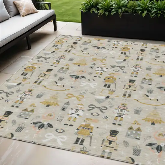 Beige Gold Black And Gray Village Houses Washable Indoor Outdoor Area Rug Photo 2