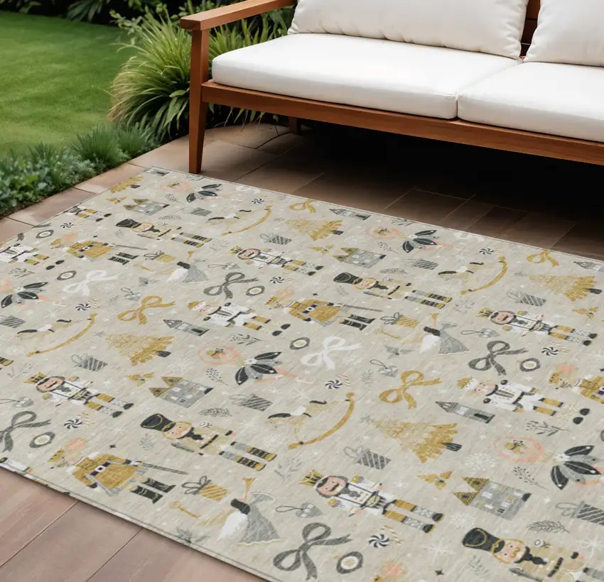 Beige Gold Black And Gray Nutcracker Washable Indoor Outdoor Area Rug Photo 1