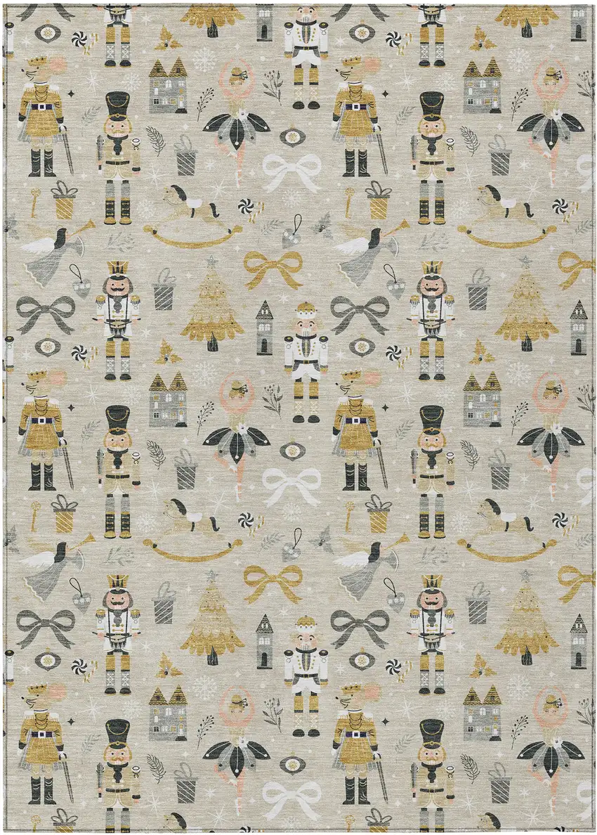 Beige Gold Black And Gray Village Houses Washable Indoor Outdoor Area Rug Photo 1