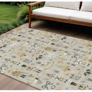 Photo of Beige Gold Black And Gray Village Houses Washable Indoor Outdoor Area Rug